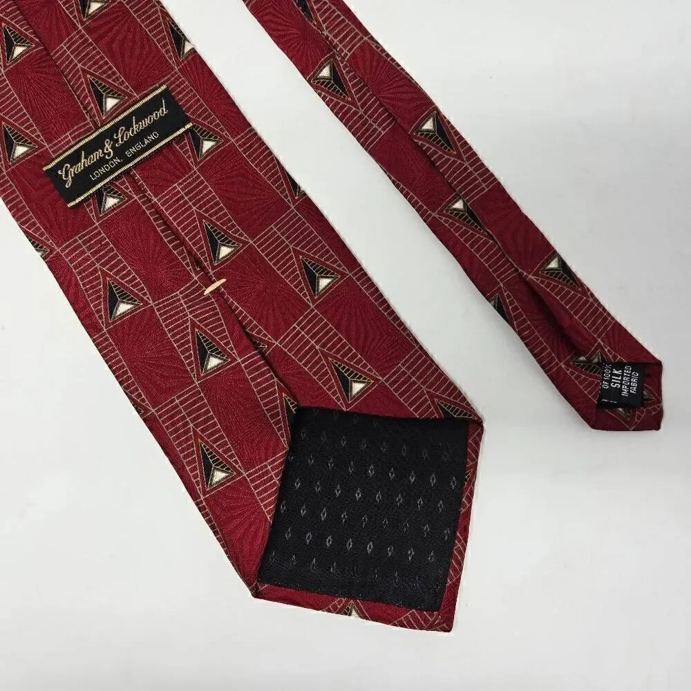 GRAHAM & LOCKWOOD SILK TIE RED GRAY GEOMETRIC SUNBURST SATIN TEXTURED 4